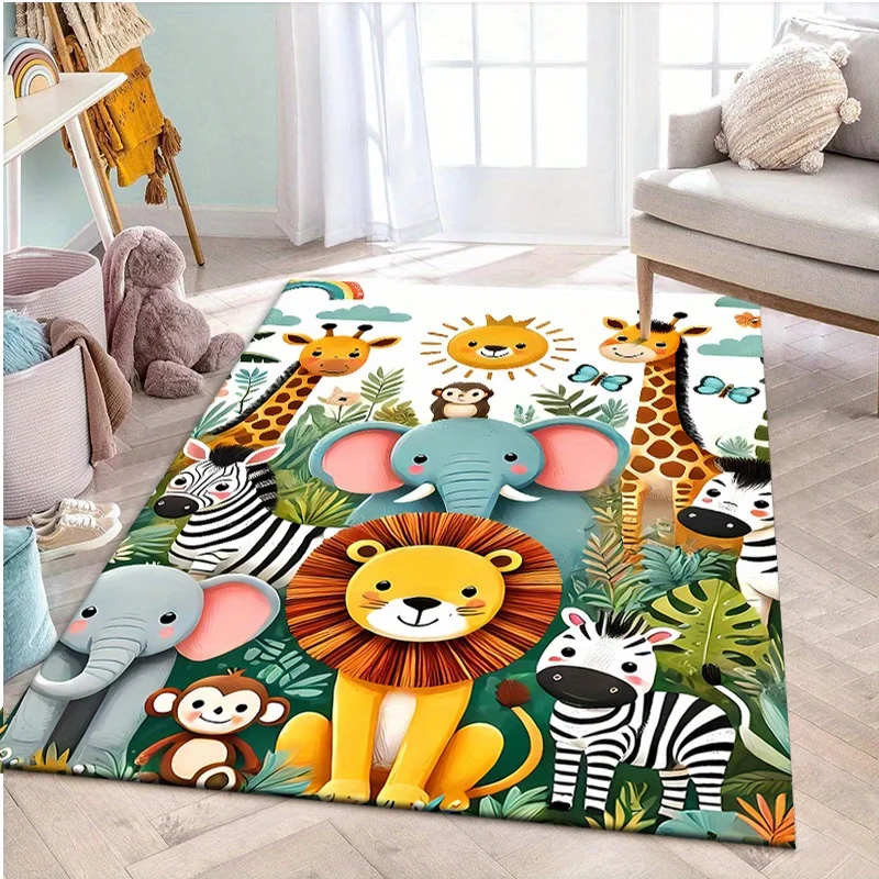 Jungle Animal Kids Play Rug Cartoon Safari Animal Learning Carpet for Children Bedroom Nursery Playroom Classroom Soft Floor Mat
