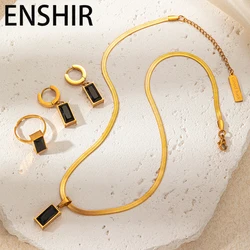 ENSHIR 316L Stainless Steel Green Black Square Zircon Pendant Necklace Earring Ring For Women Niche Snake Bone Chain Jewelry Set