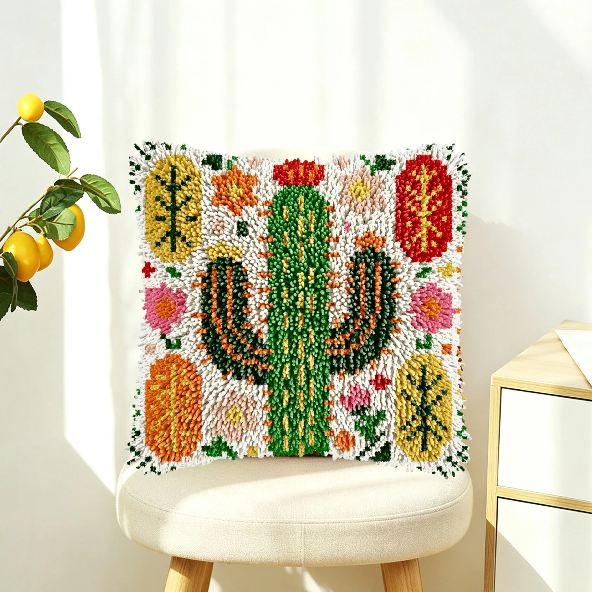 1 Set Kaktus-Garten-Knoten-Kissen-Set mit Häkelhaken, Kissenbezug-Set für Handarbeiten, Häkelhaken-Sets, DIY, anfängerfreundlich, Stickerei – Detail 3