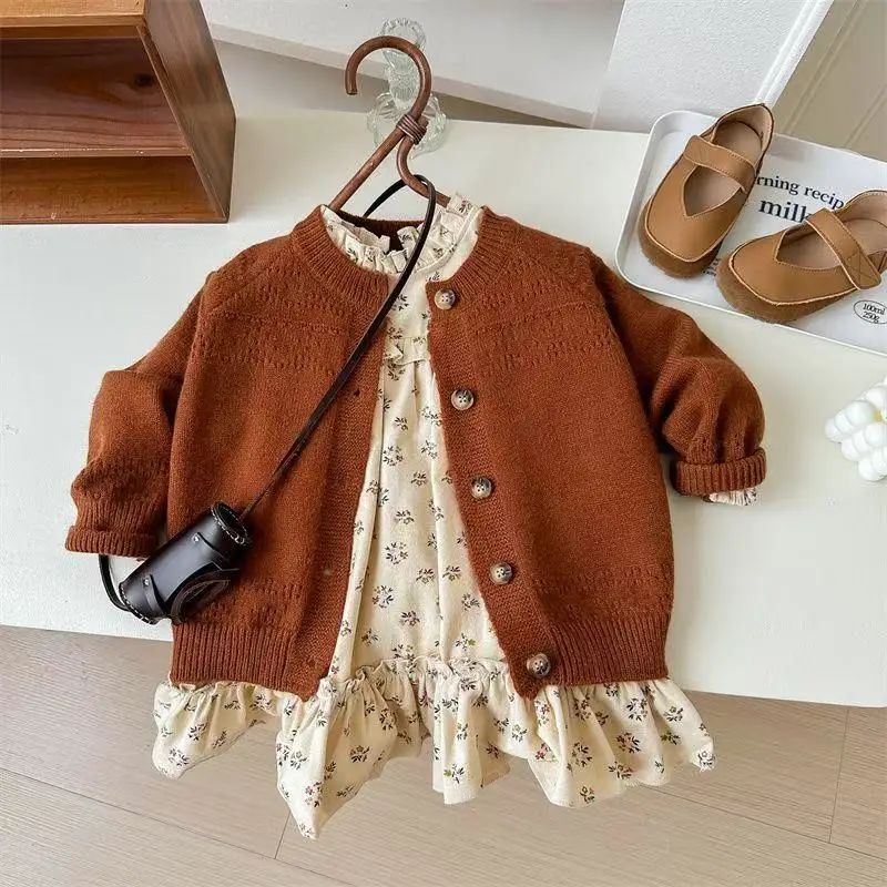 

2025 Autumn Children Girls 2 PCS Clothes Floral Printed Ruffle Hem Long Sleeve Dress Solid Knitted Sweater Suit Kids Girl Outfit