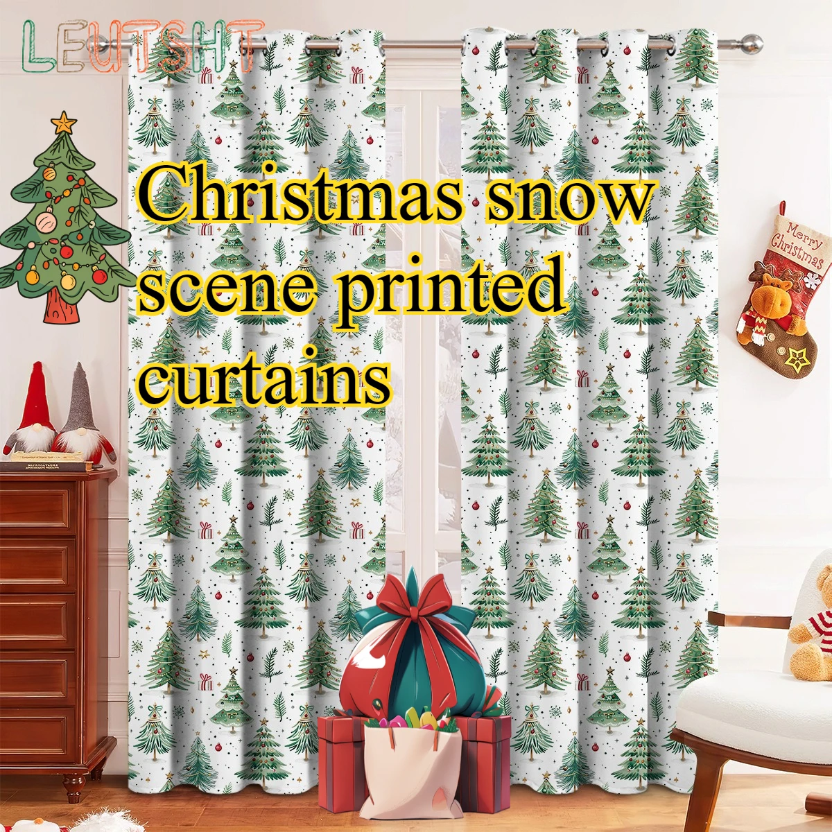 

Christmas Snow Scene Forest Scene Printed Curtains for Living Decoration Curtain Partition Door Screen Shutter