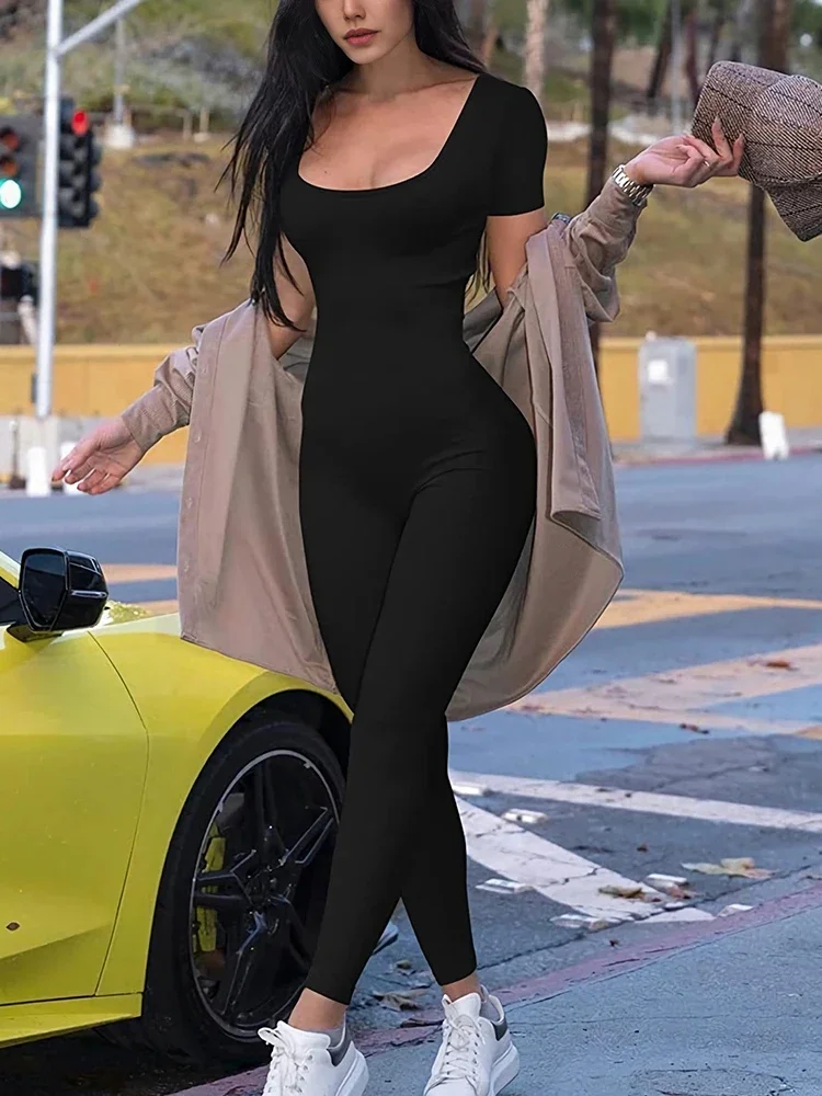 2024, весна и лето, новый женский цельный однотонный сексуальный тонкий цельный костюм с короткими рукавами, модный уличный цельный костюм