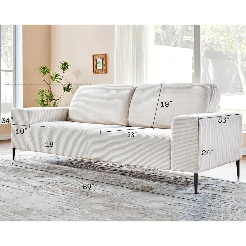 89 inch Sofa, Oversized Sofa-Modern Sofa Couch in Corduroy, 3 Seater Sofa for Living Room, White Deep Seat Sofa