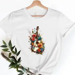 

Watercolor Guitar Flower T-Shirt Music Lover Harajuku Short Sleeve Casual T-shirt Clothing Street Tops Aesthetic Clothes