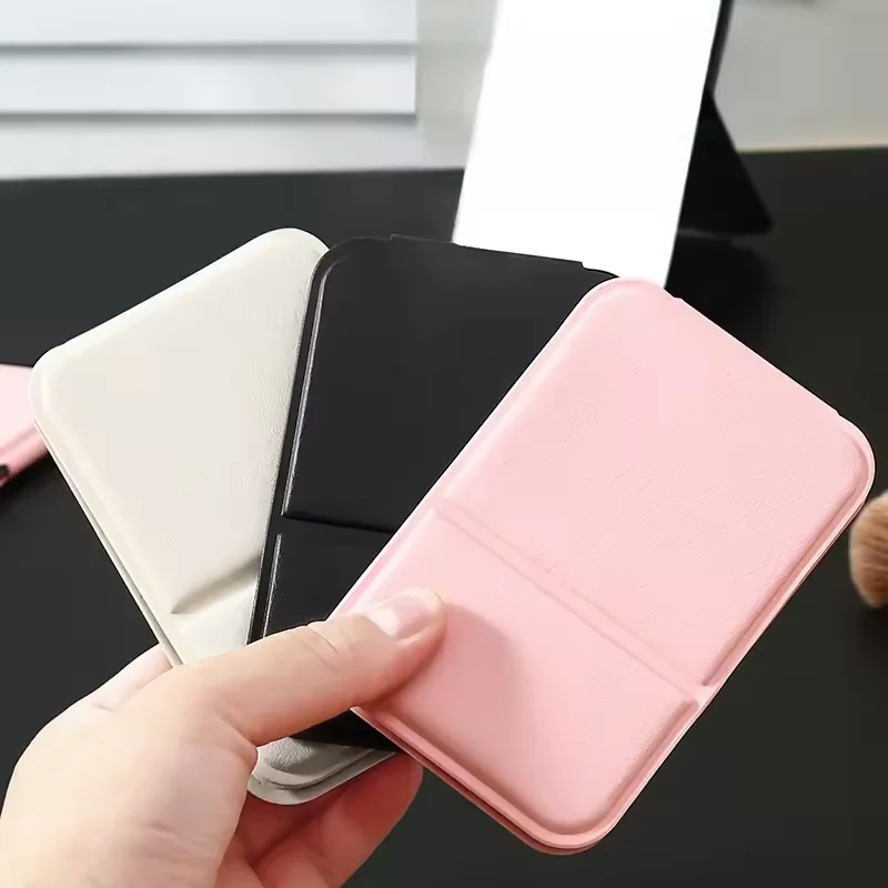 Desktop Makeup Mirror Solid Color PU Leather Simple Portable Handheld Makeup Mirror Foldable Student Compact Cute Pocket Mirror