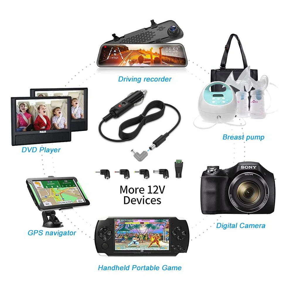 12 فولت 2A شاحن سيارة ل مشغل دي في دي محمول ، وسادة مقعد ، غس ، المحمولة علب الاغذية ، المتكلم ، تيار مستمر 5.5x2.1 مللي متر مع 5 موصلات