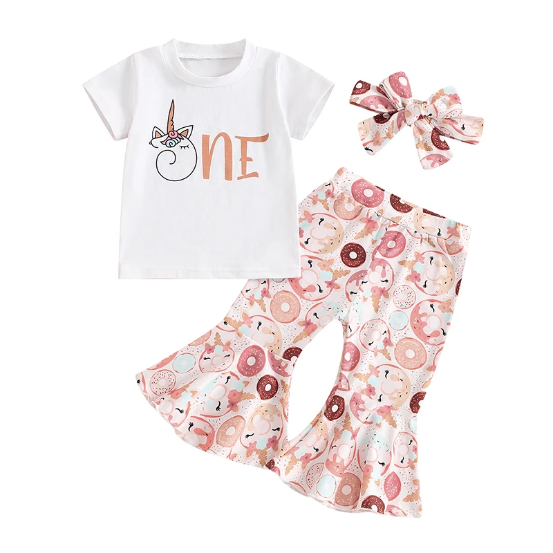 

Baby Girl 1st Birthday Outfit One Letter T-Shirt Tops Doughnut Flare Pants Headband 3Pcs Set Cake Smash Outfit