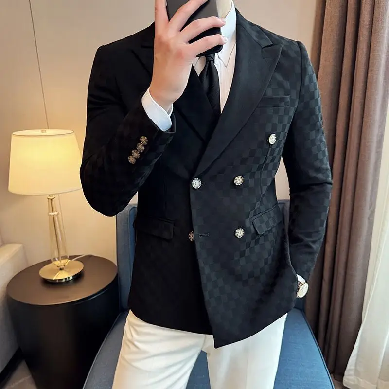 3-A90   pricot double-breasted suit for men Korean style trendy street plaid casual su men slim groom wedding dress