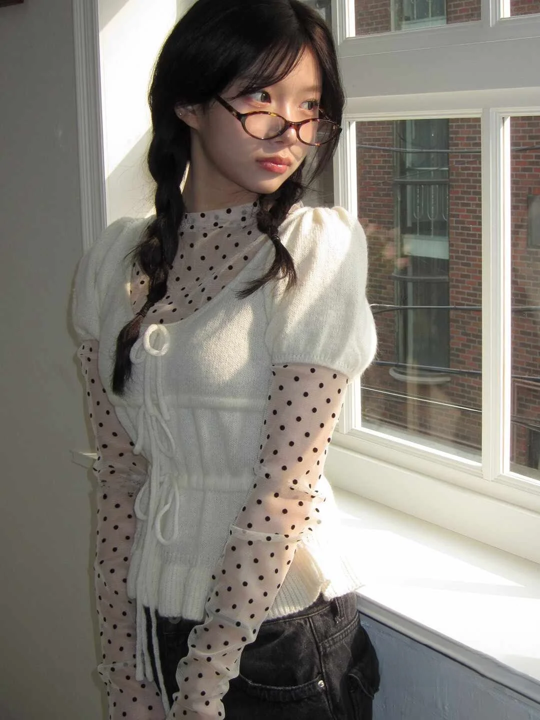 Unique SEI Korean Sle Sweet Desire See tough Polka Dot Me Slimming Base T irt round Ne Long Sve Commute Sle