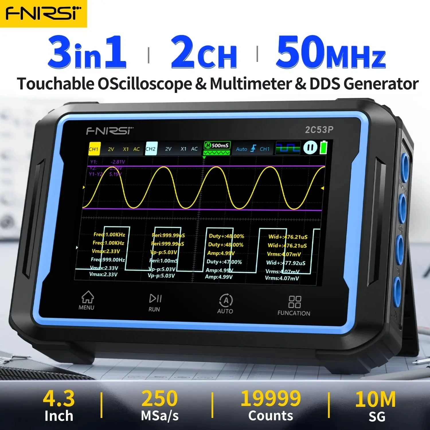 

FNIRSI 2C53P Touch Screen Portable Digital Oscilloscope Multimeter Signal Generator 3in1 2 Channel 50MHz 250Ms/S 19999 Counts