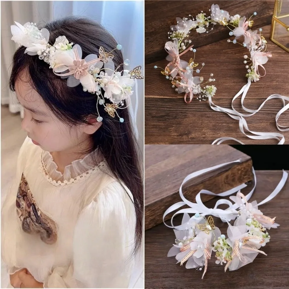 

Exquisite Korean Style Flower Crown Hairband Hair Hoop Tiara Wreath Headband Butterfly Pearl Garland Wristband Amusement Park