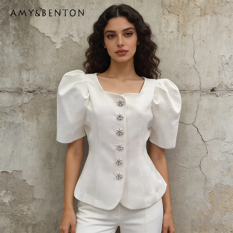 

Temperament Commuter Retro Short Women's Top 2026 Summer New Square Neck Bubble Mid-sleeve Slimming Waist Versatile Shirt Ladies