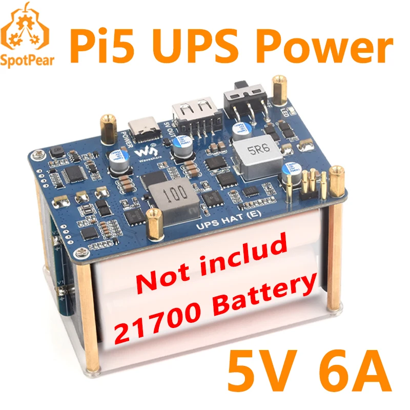 หมวกราสเบอร์รี่ Pi 5 UPS E 4-พอร์ตสำหรับ21700-Li-Battery (ไม่รวม) 5V6A แหล่งจ่ายไฟสำรอง