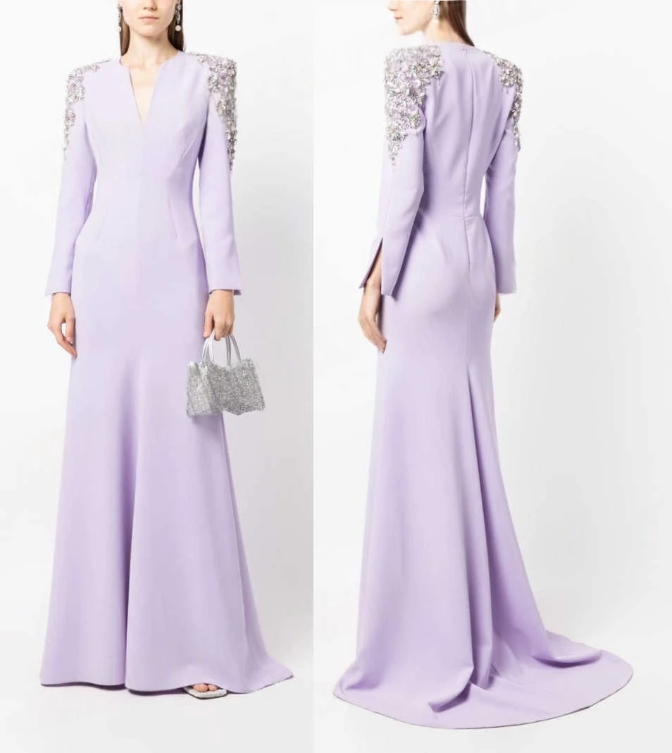

Customized Light Purple Jersey Evening Dress Exquisite V-Neck Long Sleeves Prom Dress Chapel Train Zipper Back Party Dress