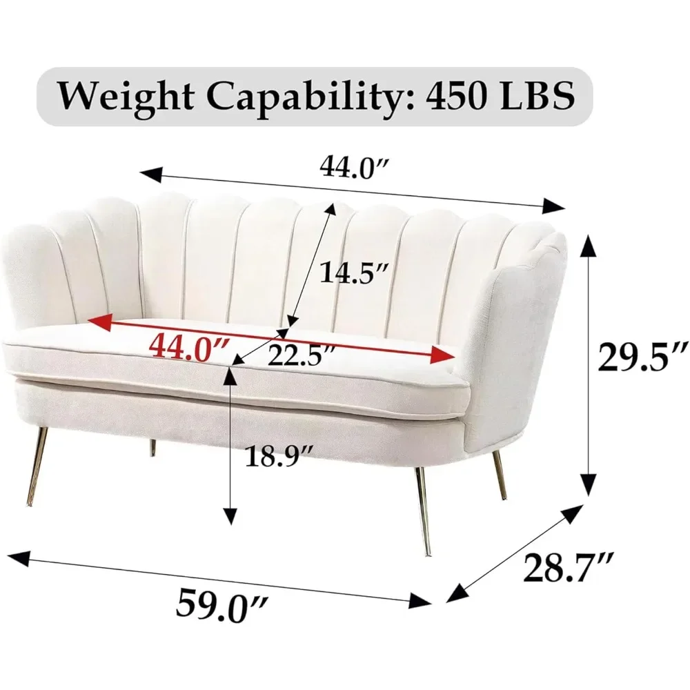 Chenille Small Loveseat Sofa with Gold Metal Legs, 59” Modern 2 Seater Sofa with Flower Backrest