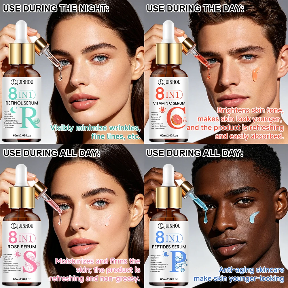 JUINHOU 4Pcs Multi-effect Moisturizing Serum Vitamin C Rose Brighten Dull Skin Retinol Peptide Improve Elasticity Soften Skin