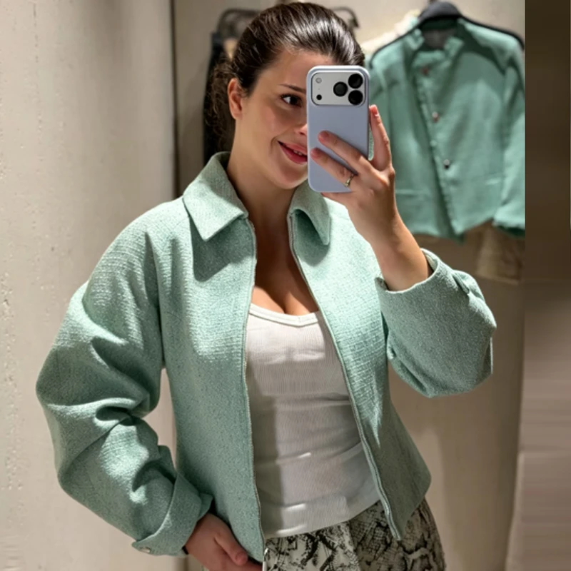 HXAO Kurze Tweed-Jacke Damenjacke Demi-Season 2026 Reißverschluss Langarm-Oberteil Mintgrün Strukturierte Oberbekleidung Streetwear-Mäntel – Detail 9