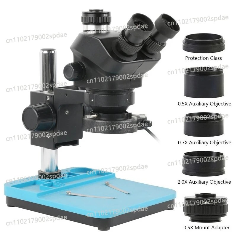 Microscope stéréo trinoculaire à zoom 7-50X avec objectif simultané + lentille de Barlow 0.5X 0.7X et support de base pour réparation de téléphones