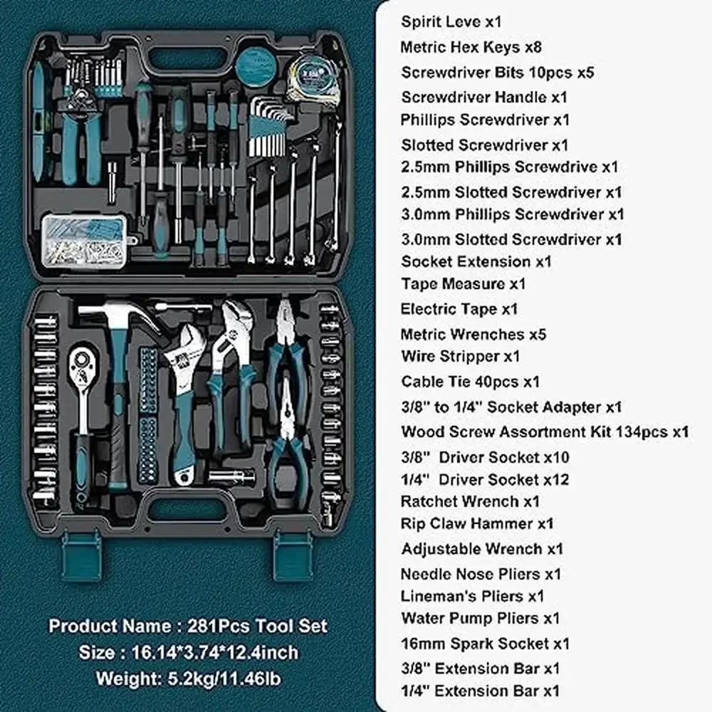 281 Piece Home and Auto Tool Kit Set with Socket Wrench & Hammer Complete Repair Hand Tool Set Men Women Ideal Home Improvement