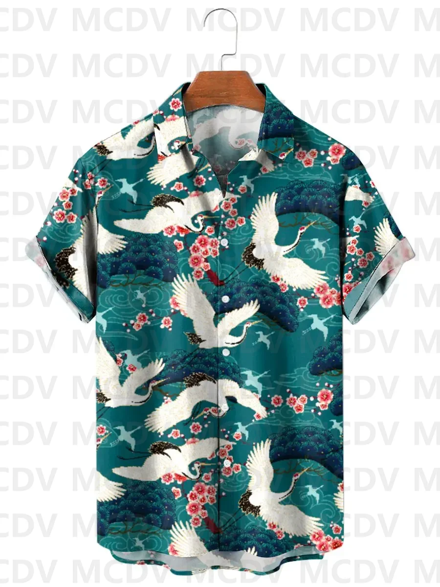 Men's Hawaiian Shirts Japanese Style Crane Sakura Print Short Sleeve Shirt