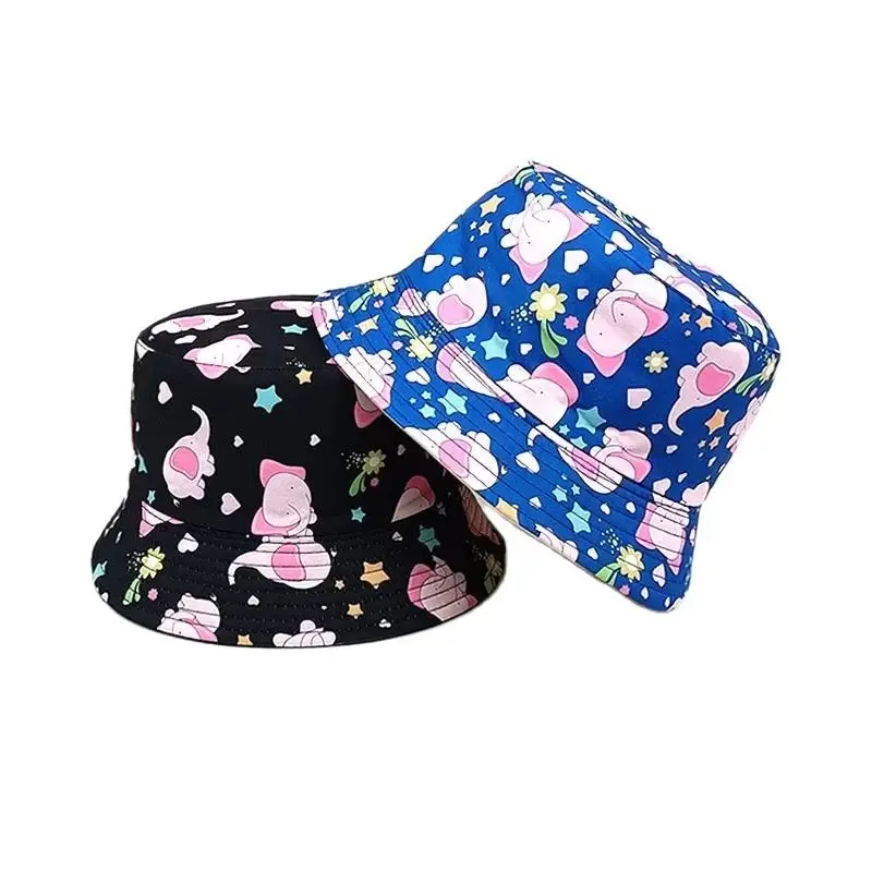 Four Seasons Polyester Cartoon Elephant Print Bucket Hat Outdoor Travel Sun Cap For Child Boy and Girl 82