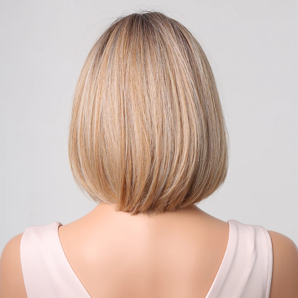 LOUIS FERRE Ombre Blonde Short Bob Synthetic Wigs Medium Length Blonde Straight Wig for Women Fluffy Daily High Temperature Hair