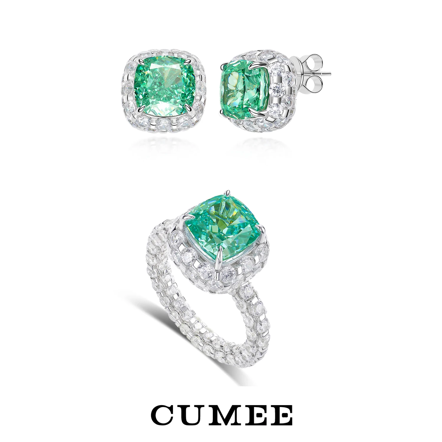 

Cumee Lab Created Synthetic Gemstone Princess Square Paraiba Ring for Women 925 Sterling Silver Plated Gold Sparking