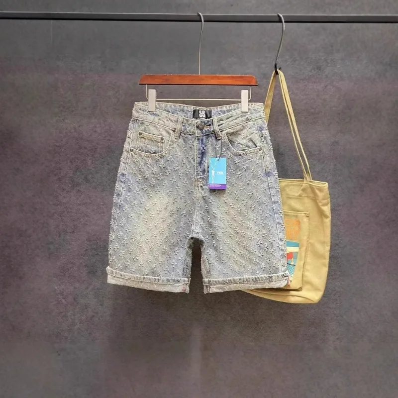 Design Sense Niche Pants Men's Trendy Brand High Street Jacquard Perforated Summer Loose Straight Tube Retro Five Quarter Denim