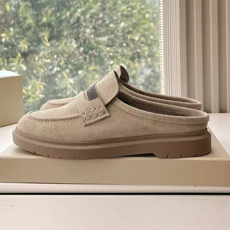 

New Casual Slippers Woman Suede String Bead Slides Woman Round Toe Flat Shoes Retro Mules Shoes Outdoors Half Pack Slides Women