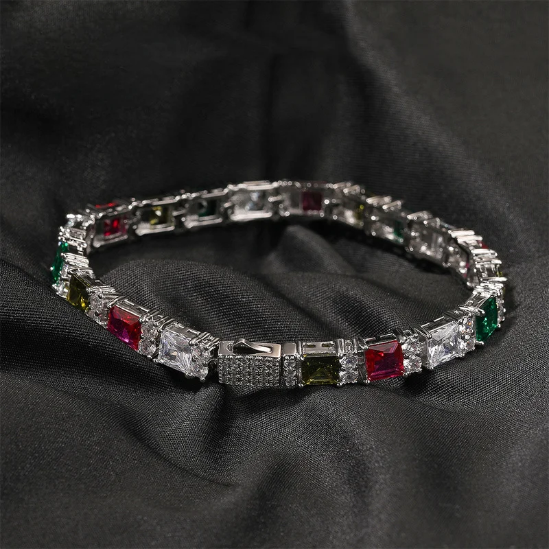 Hip Hop Iced Out Multicolor Square Zircon Tennis Bracelet for Men Bling Wrist Jewelry, Premium Luxury Ideal Gift