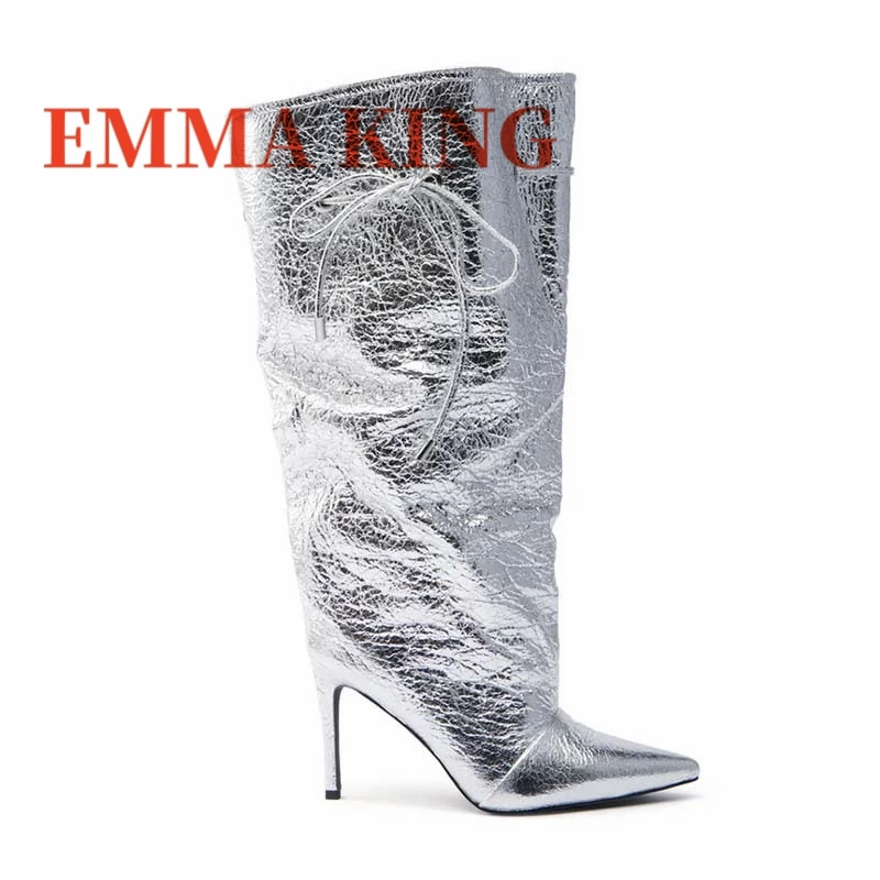 2025 الخريف/الشتاء أحذية عالية الكعب المرأة أنيقة أشار تو الدانتيل يصل واسعة العجل الأحذية موضة خنجر أحذية عالية الكعب #6