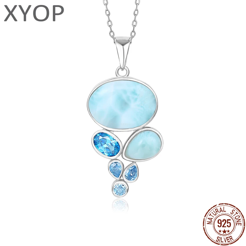 Candy Color 925 Sterling Silver Jewelry Gift Classic Pendant Necklace Natural Precious Larimar Retro Woman Contracted Style