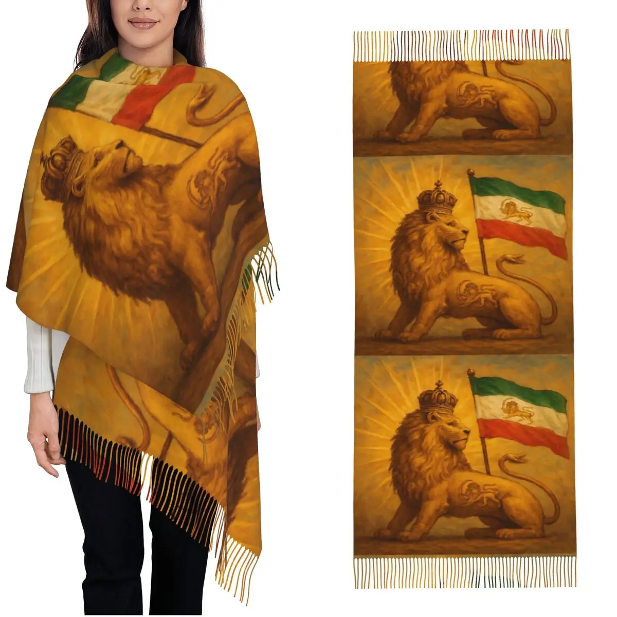 

Женский шарф-платок с флагом Ирана, эмблемой Персии, солнцем и львом, с длинными кисточками, зимние шали и накидки, Bufanda Mujer