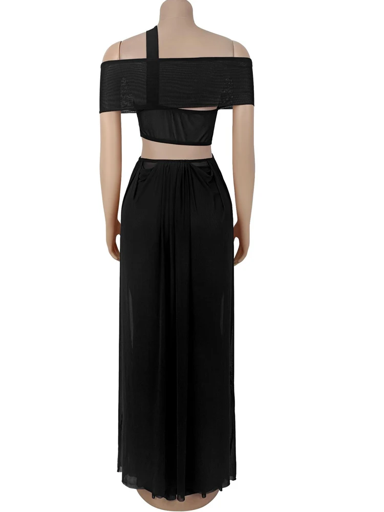 Kricessen Wunderschönes, schulterfreies, unregelmäßig drapiertes, langes Maxikleid mit Ausschnitten für Damen, glamouröses Mesh-Patchwork-Partykleid, Nachtclubwear