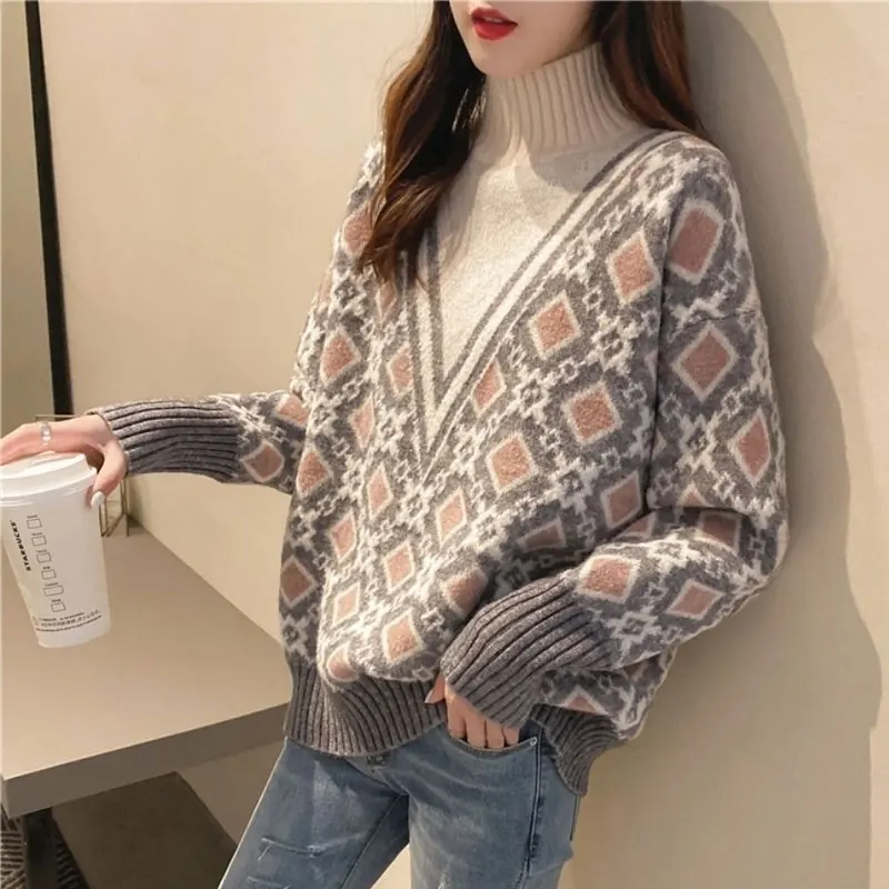 Autumn Winter Korean Female Geometric Jacquard Sweaters Vintage Fashion Patchwork Turtleneck Knitted Jumpers Women\'s Clothing