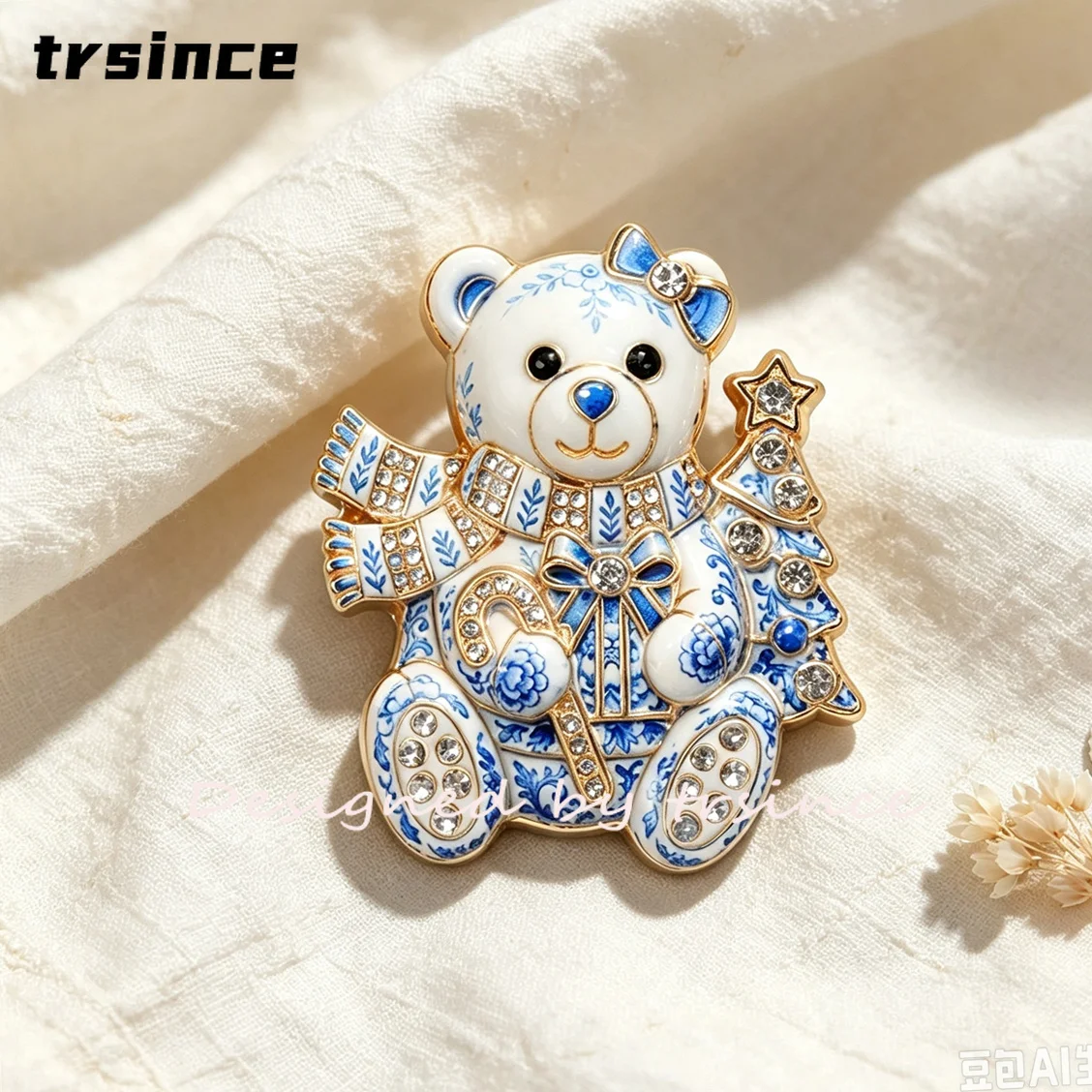 Vintage Christmas Teddy Bear Brooch Rhinestone Enamel Lapel Pin Cute Bear Xmas Tree Candy Cane Brooch Women Suit Accessories view 3