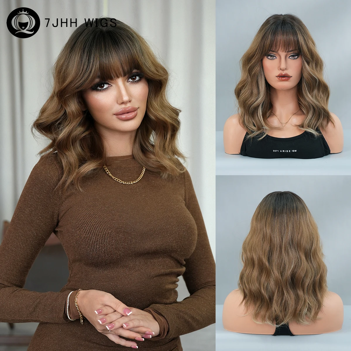 

Shoulder Length Water Wave Golden Brown Wig for Women High Density Synthetic Modest Fashion Wear and Go Wigs with Dark Roots