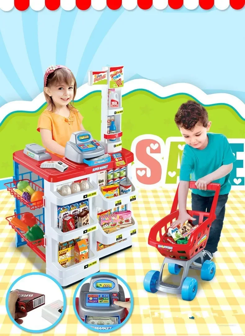 [Funny] 34pcs/set Simulation supermarket red cash register cart shelf set fun toy pretend play imitate cashier salesclerk gift