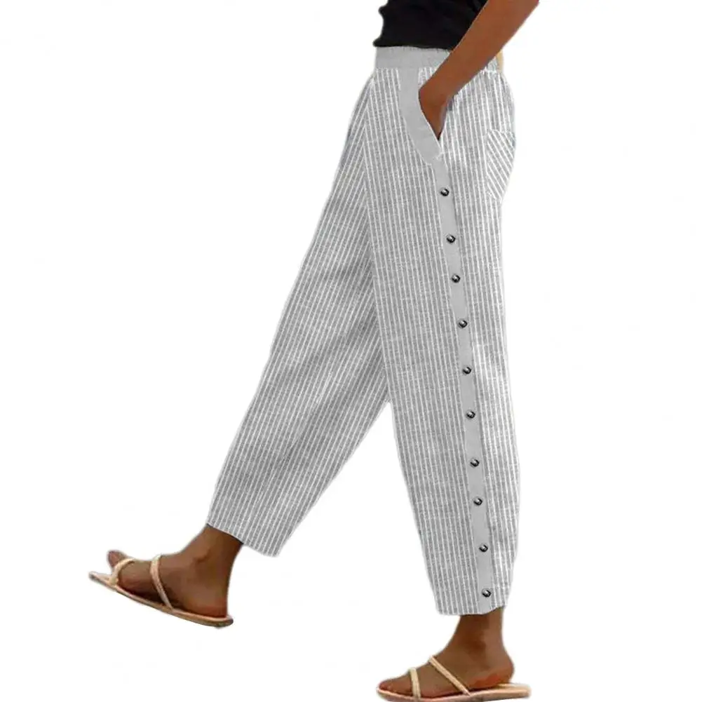 Women Long Pants Straight-leg Trousers Striped Print Pants with Elastic Waistband Side Buttons Pockets for Women for Summer