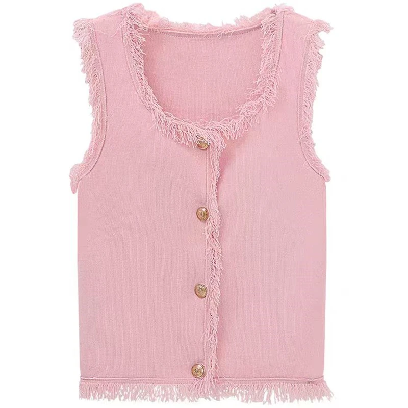 

Knitted Tassel Trim ter Vest Women's Summer Outerwear Sweet Spicy Design ort Svel Fitted Top Faionable Versatile