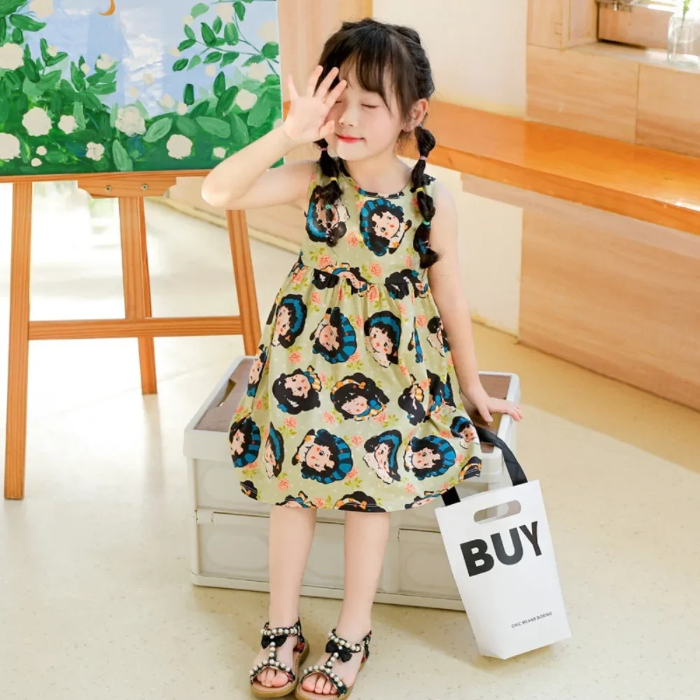 Funny Style Girl Dress Korean Version Round Neck Sleeveless Children's Casual Clothes Summer New Graffiti 2-6 Years Old