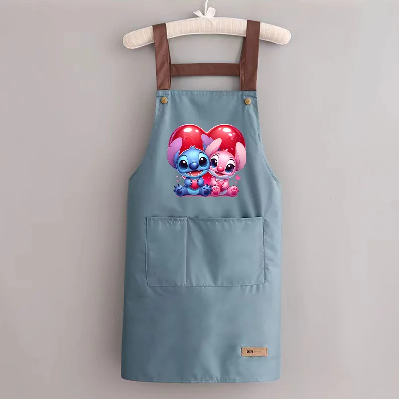 Disney Apron Lilo & Stitch Cute Cartoon Printed Kitchen Bib Waterproof Oil-proof Cooking Large Pockets Aprons  Apron Adjustable