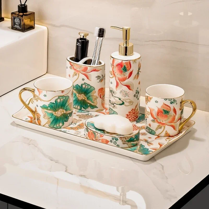 China-Chic Blue and White Ceramic Mouthwash Cup Set Household Toilet Couple Tooth Brush Cup Wash Set Bathroom Decor