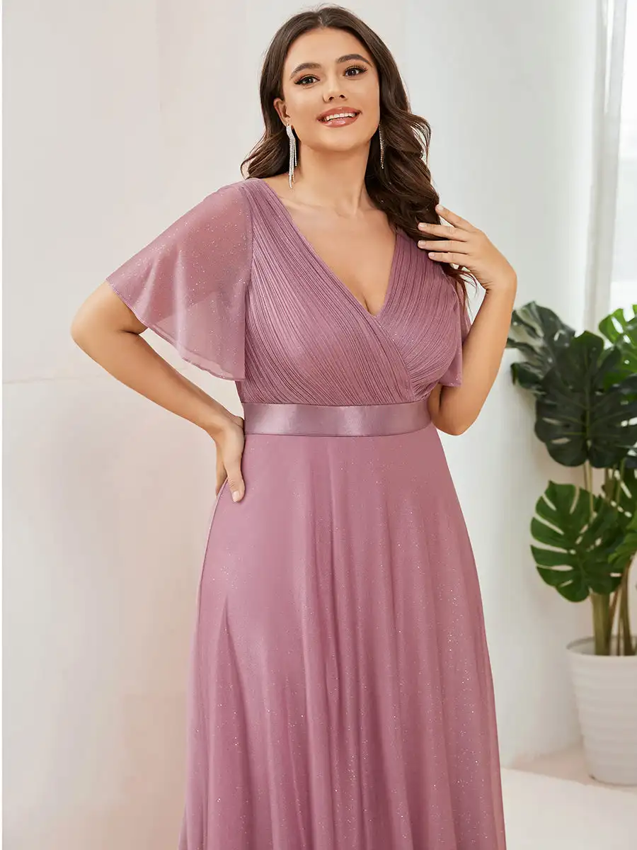 Plus Size Evening Dresses Deep V Neck Ruffles Sleeve Floor length 2025 Ever Pretty of A Line Orchid Bridesmaid dress
