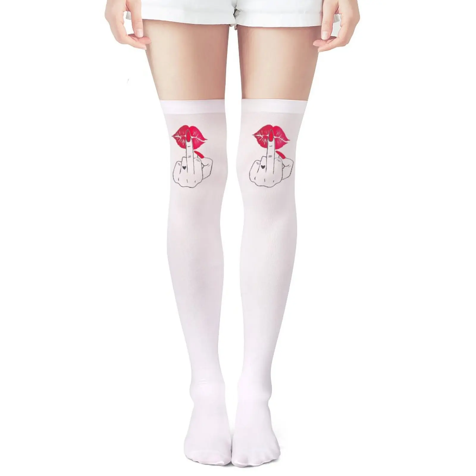Ladies' white middle finger, red lip print thigh socks, provocative and innovative over the knee socks, adult breathable socks view 5