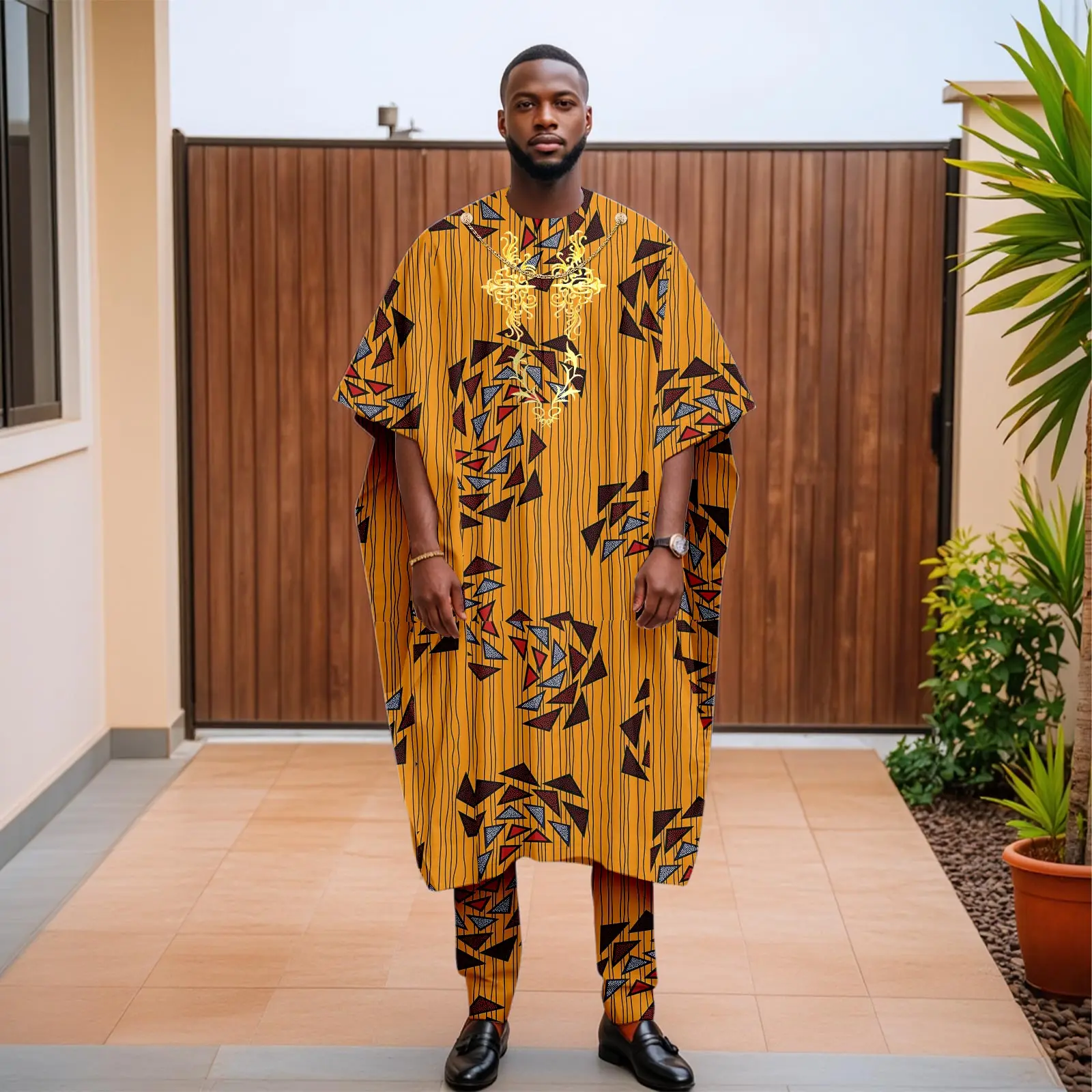 

African Clothes for Men Embroidery Chain Agbada Robes Shirts and Pants 3 Piece Set Print Outfits for Wedding Evening 2516115