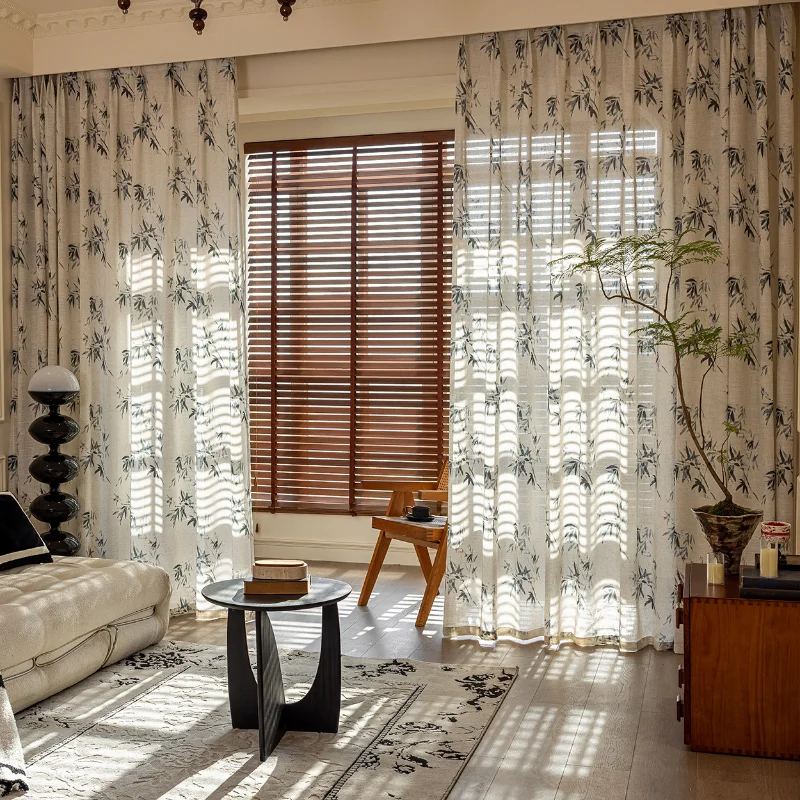 Chinese Traditional Style Silk Curtain Tea Room with Zen-like Bamboo, Ink-wash Effect Half-shaded Light Linen Window Screen
