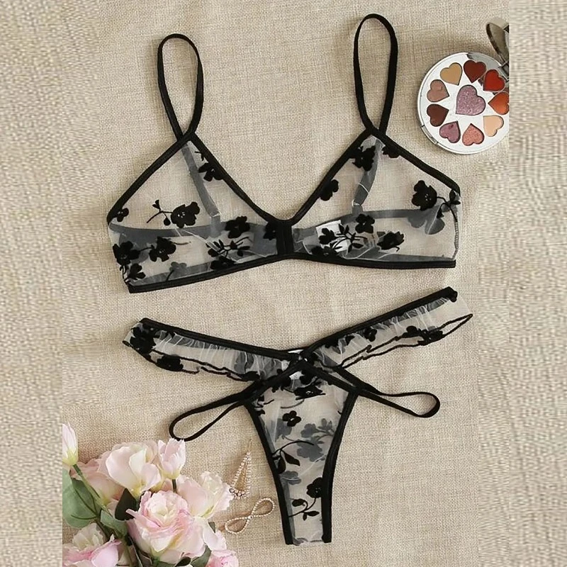 

2024 Summer Women Lace Bra Set See-Through Sexy Lingerie Thin Strap Underwear Suit Floral Print Stylish Bralettes корсет женский