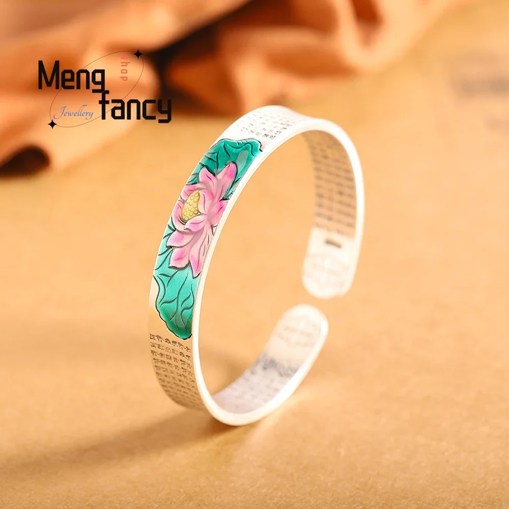 

S999 Foot Silver Drip Burnt Blue Lotus Leaves Heart Sutra Bangle Elegant Ethnic Style Exquisite High-grade Fashion Fine Jewelry