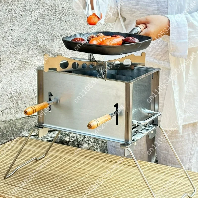 Stainless Steel Portable Folding BBQ Grill, Detachable Charcoal Barbecue Rack with Adjustable Height for Camping Courtyard